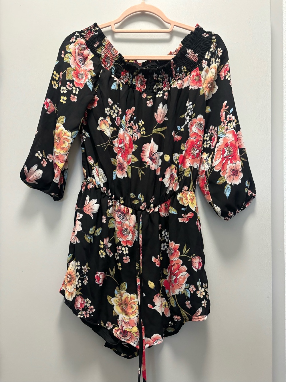 Active USA Black Off-Shoulder Floral romper with red, Pink & Yellow Blooms